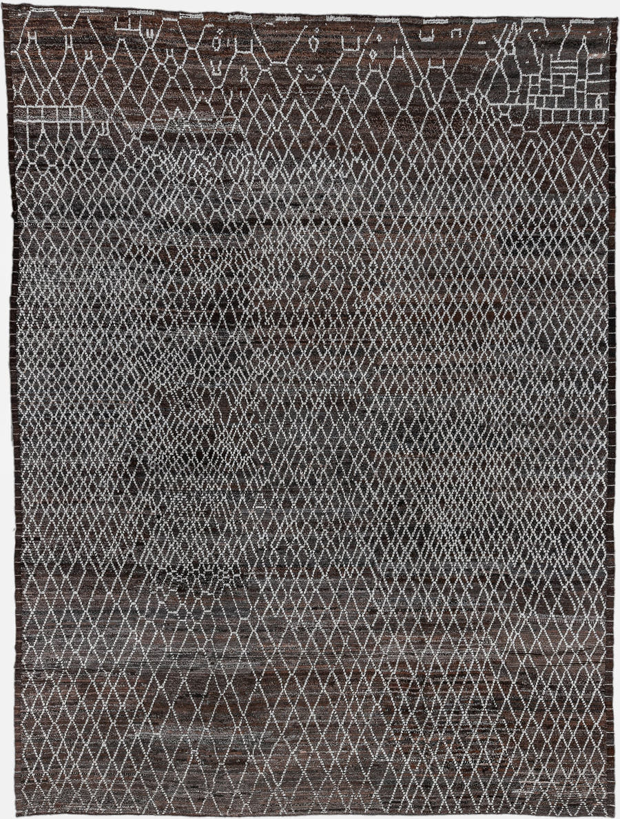 10' x 13' one-of-a-kind handmade vintage Tulu large size rug. Color palette: brown, ivory, charcoal, taupe, gray, black