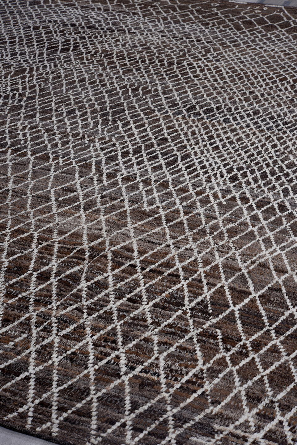 10' x 13' one-of-a-kind handmade vintage Tulu large size rug. Color palette: brown, ivory, charcoal, taupe, gray, black