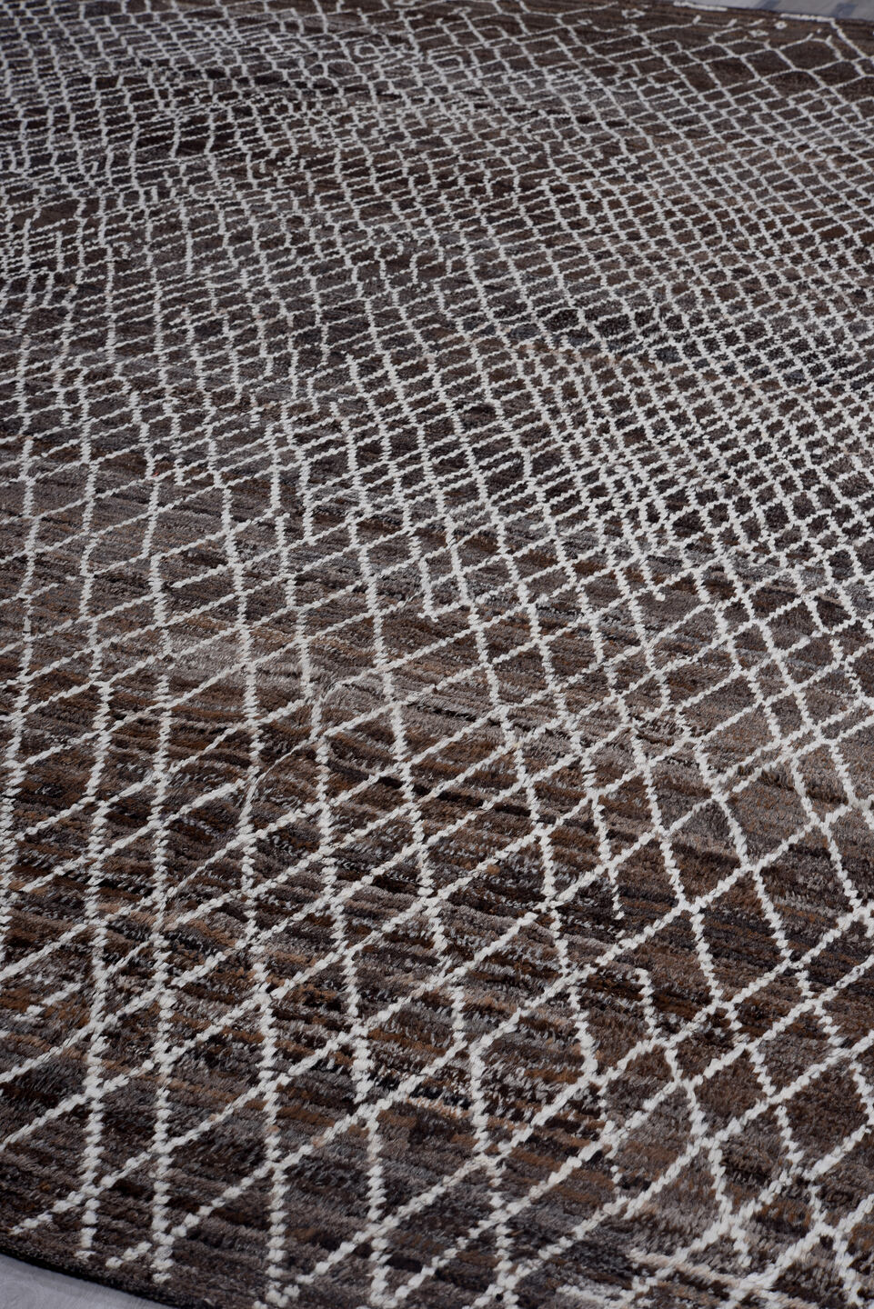 10' x 13' one-of-a-kind handmade vintage Tulu large size rug. Color palette: brown, ivory, charcoal, taupe, gray, black