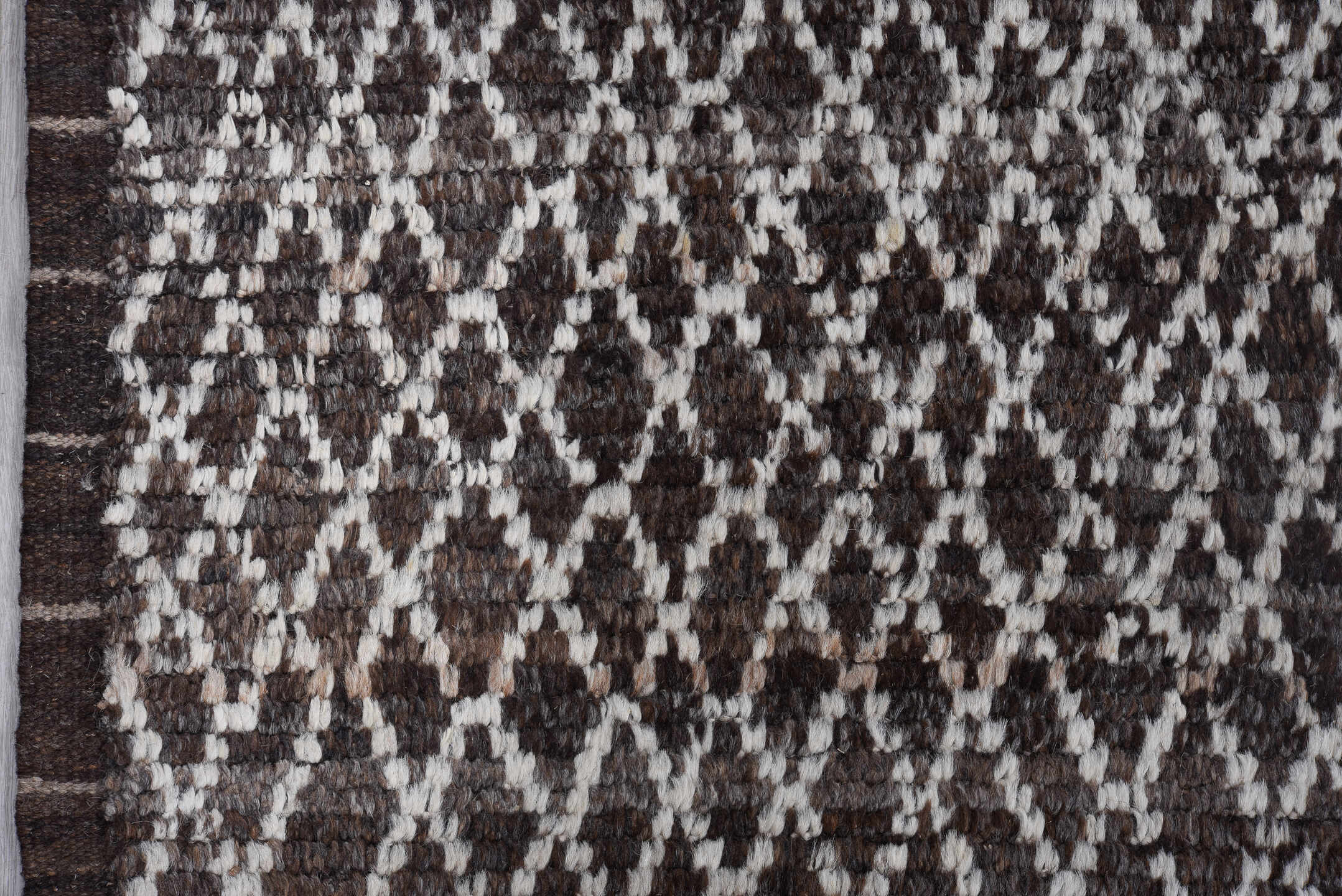 10' x 13' one-of-a-kind handmade vintage Tulu large size rug. Color palette: brown, ivory, charcoal, taupe, gray, black