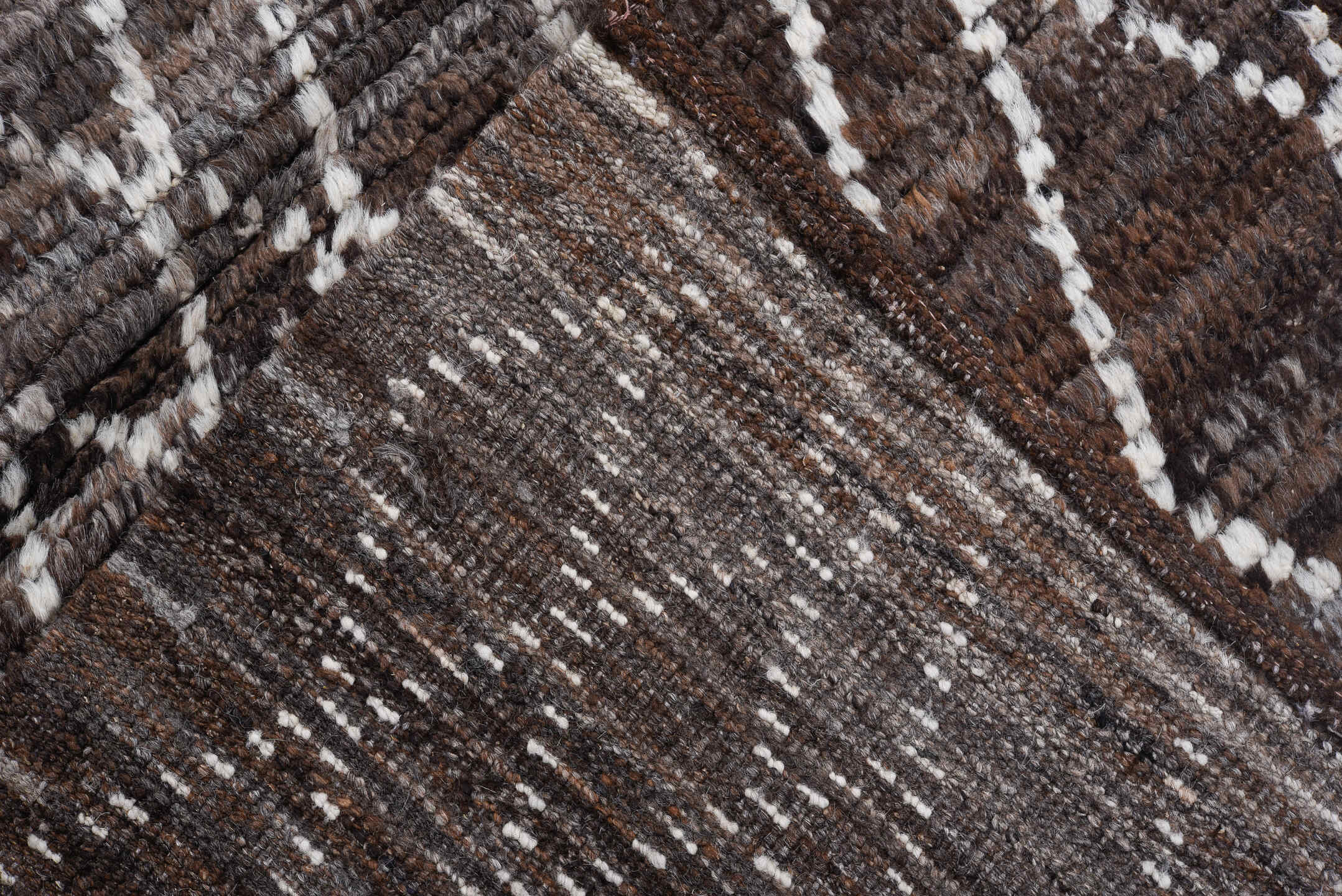 10' x 13' one-of-a-kind handmade vintage Tulu large size rug. Color palette: brown, ivory, charcoal, taupe, gray, black
