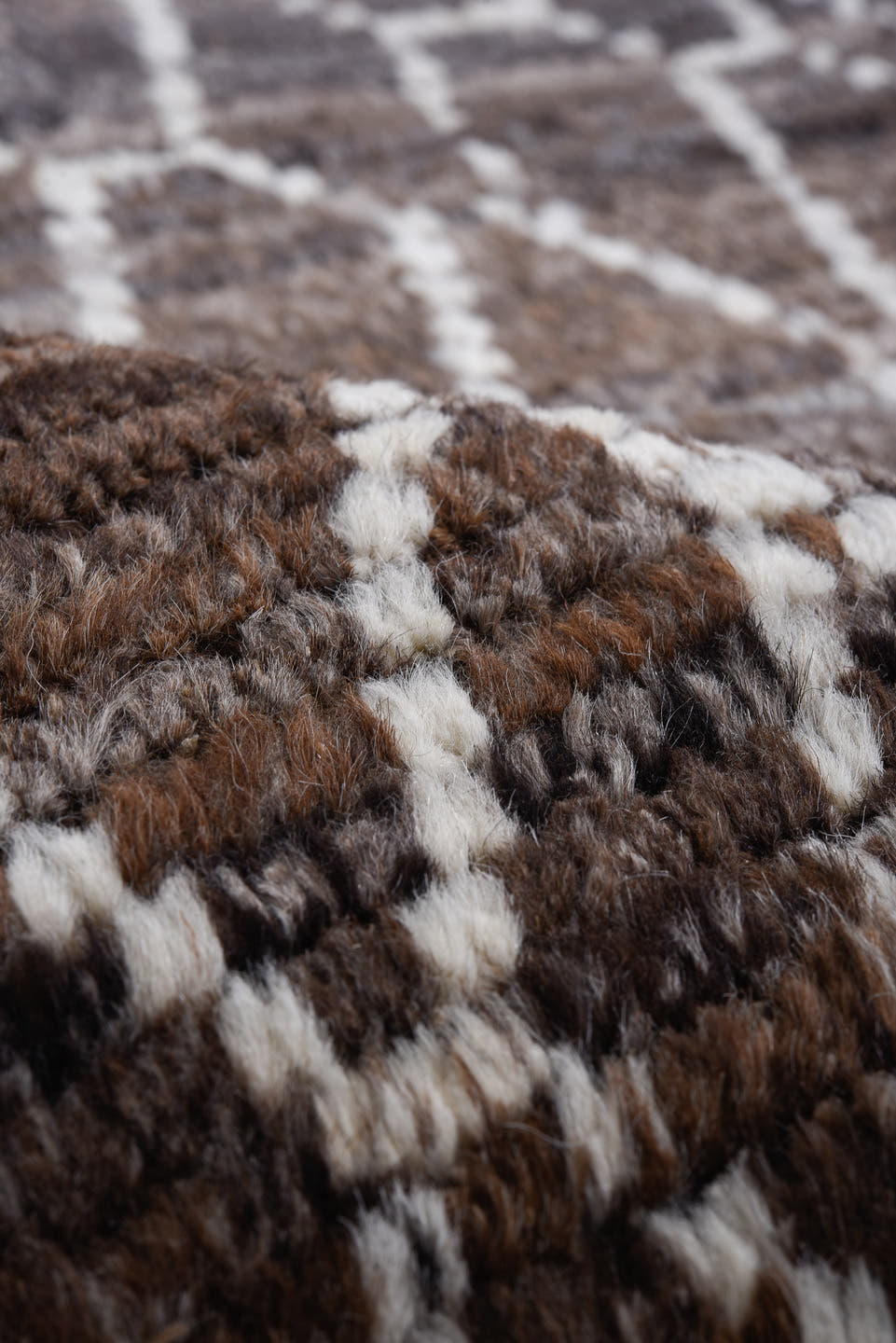 10' x 13' one-of-a-kind handmade vintage Tulu large size rug. Color palette: brown, ivory, charcoal, taupe, gray, black