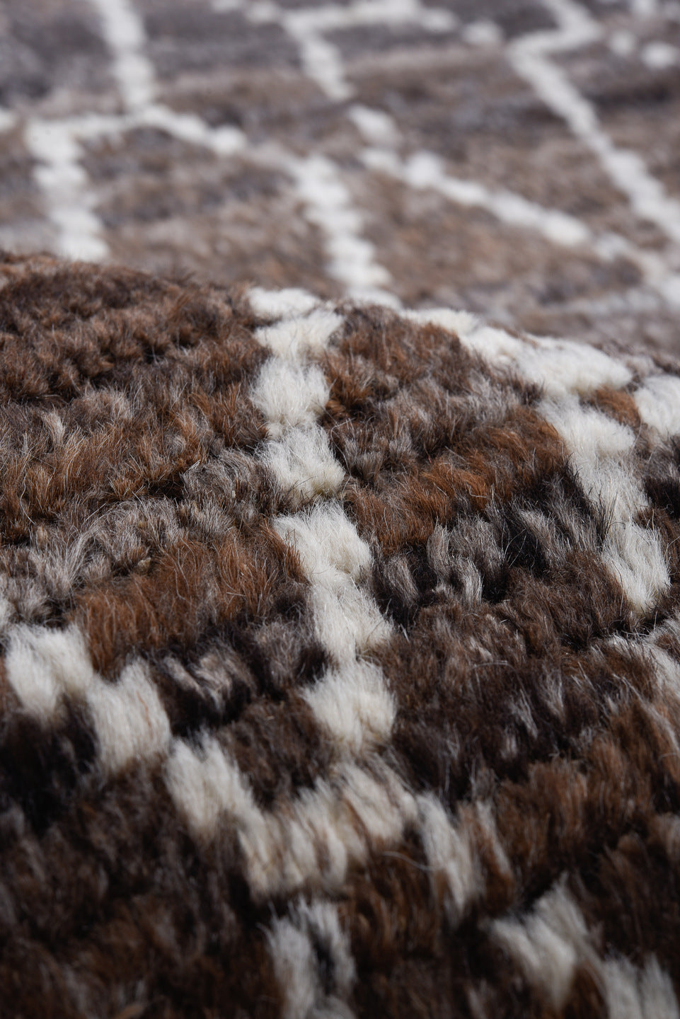 10' x 13' one-of-a-kind handmade vintage Tulu large size rug. Color palette: brown, ivory, charcoal, taupe, gray, black