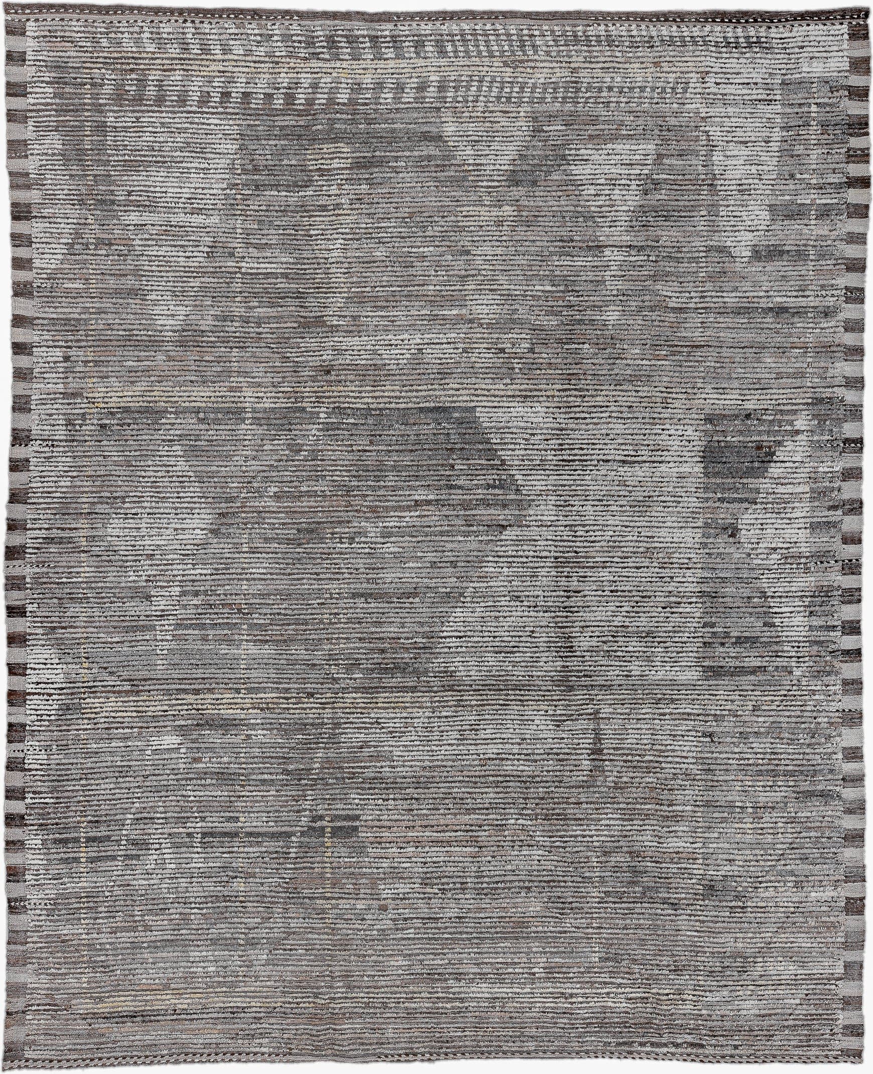 10' x 13' one-of-a-kind handmade vintage Tulu large size rug. Color palette: gray, ivory, taupe, charcoal, greige, beige