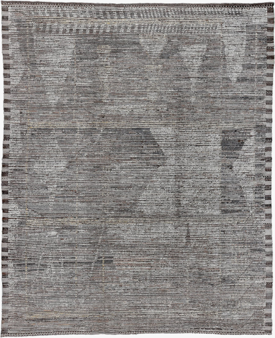 10' x 13' one-of-a-kind handmade vintage Tulu large size rug. Color palette: gray, ivory, taupe, charcoal, greige, beige