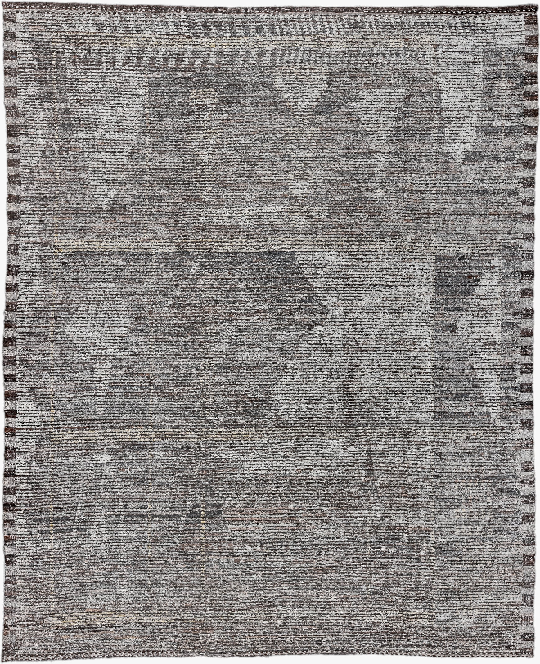 10' x 13' one-of-a-kind handmade vintage Tulu large size rug. Color palette: gray, ivory, taupe, charcoal, greige, beige
