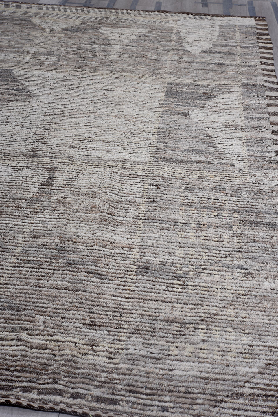 10' x 13' one-of-a-kind handmade vintage Tulu large size rug. Color palette: gray, ivory, taupe, charcoal, greige, beige