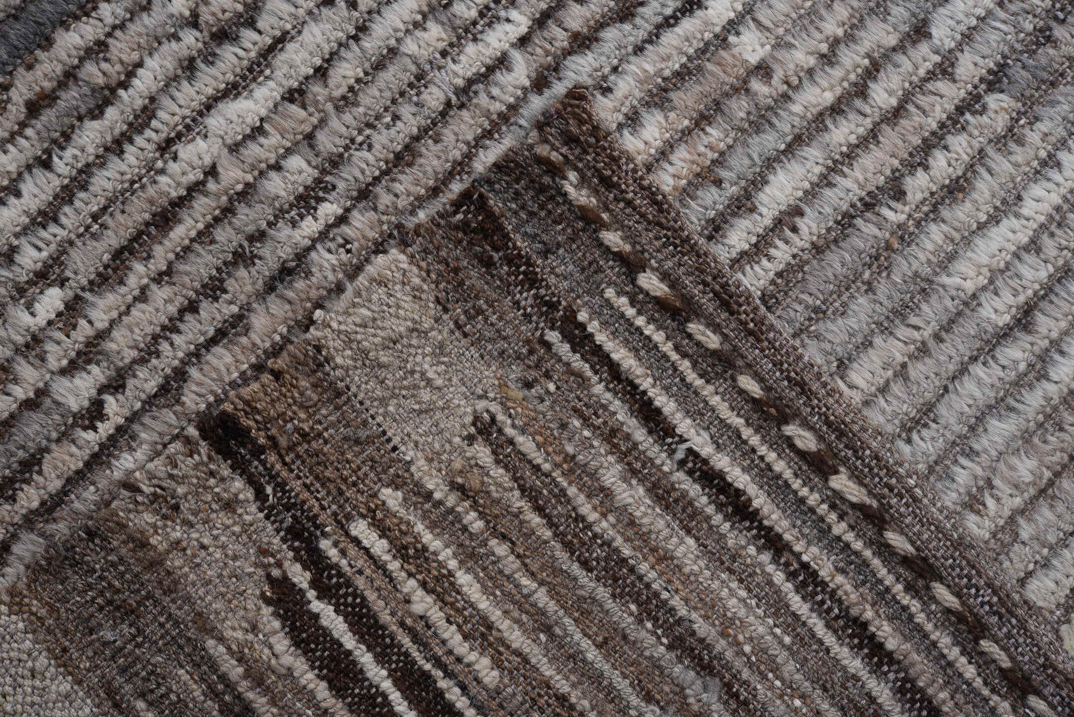 10' x 13' one-of-a-kind handmade vintage Tulu large size rug. Color palette: gray, ivory, taupe, charcoal, greige, beige