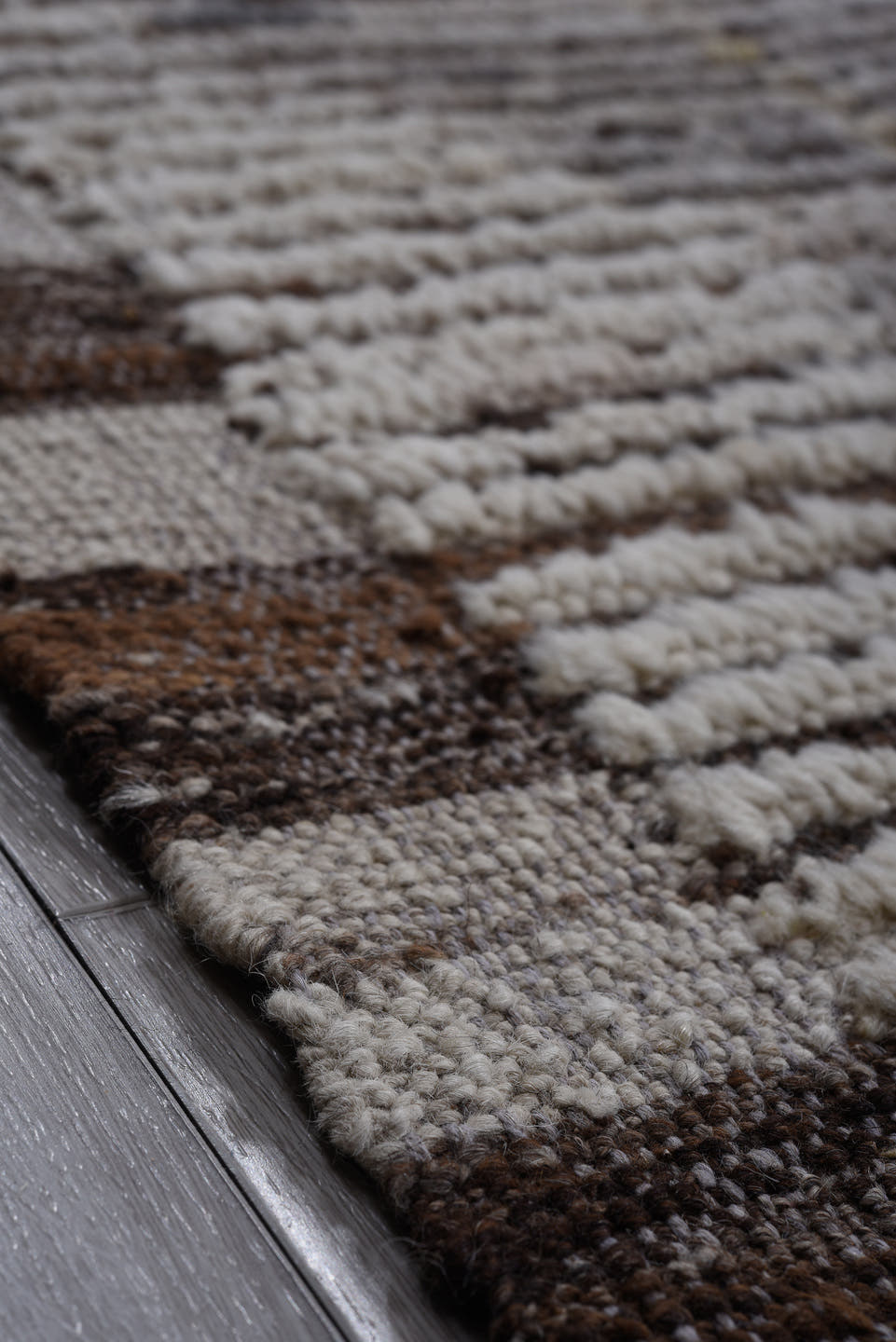 10' x 13' one-of-a-kind handmade vintage Tulu large size rug. Color palette: gray, ivory, taupe, charcoal, greige, beige