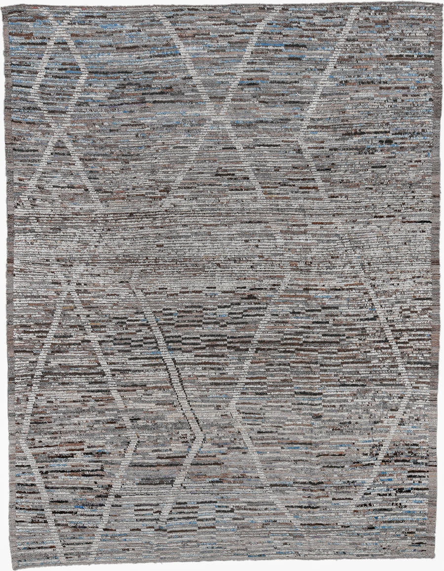 9' x 12' one-of-a-kind handmade vintage Tulu large size rug. Color palette: gray, ivory, taupe, charcoal, brown, sky blue