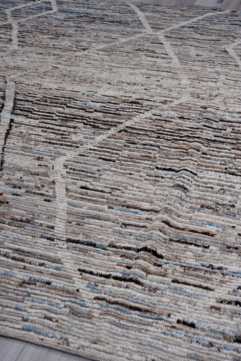 9' x 12' one-of-a-kind handmade vintage Tulu large size rug. Color palette: gray, ivory, taupe, charcoal, brown, sky blue