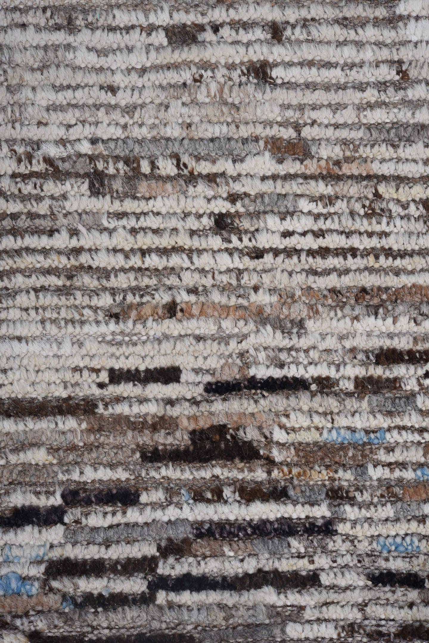 9' x 12' one-of-a-kind handmade vintage Tulu large size rug. Color palette: gray, ivory, taupe, charcoal, brown, sky blue
