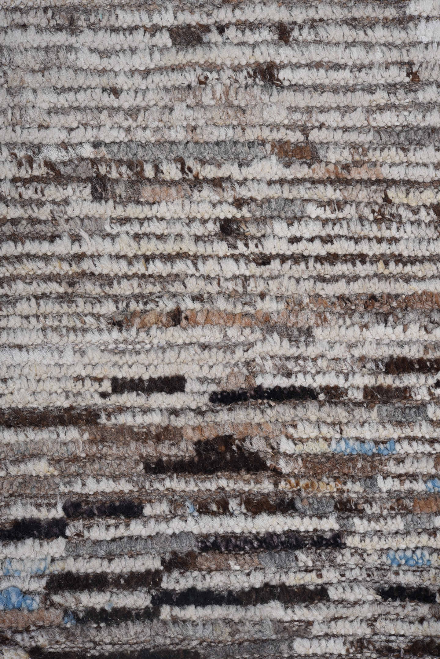 9' x 12' one-of-a-kind handmade vintage Tulu large size rug. Color palette: gray, ivory, taupe, charcoal, brown, sky blue