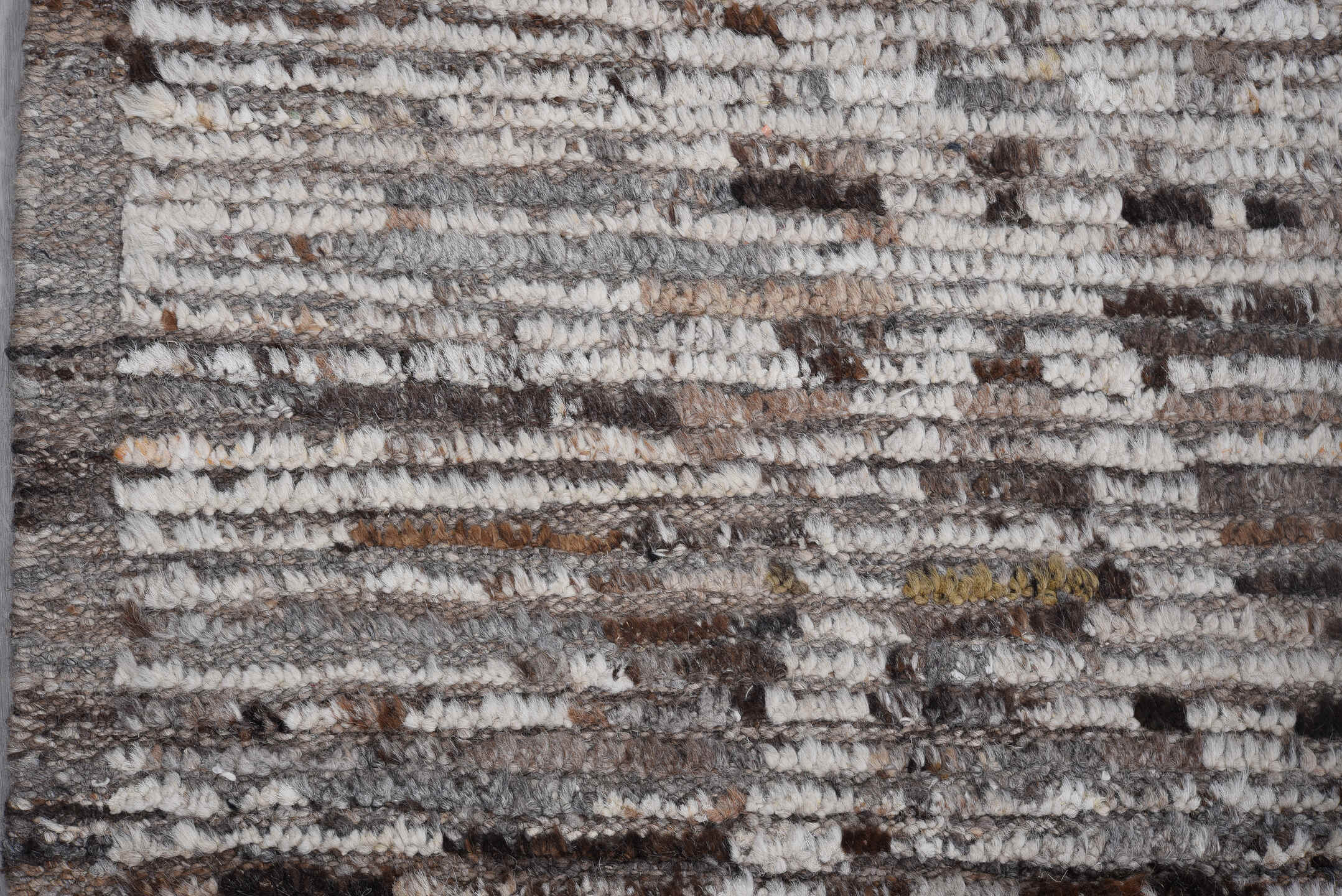 9' x 12' one-of-a-kind handmade vintage Tulu large size rug. Color palette: gray, ivory, taupe, charcoal, brown, sky blue