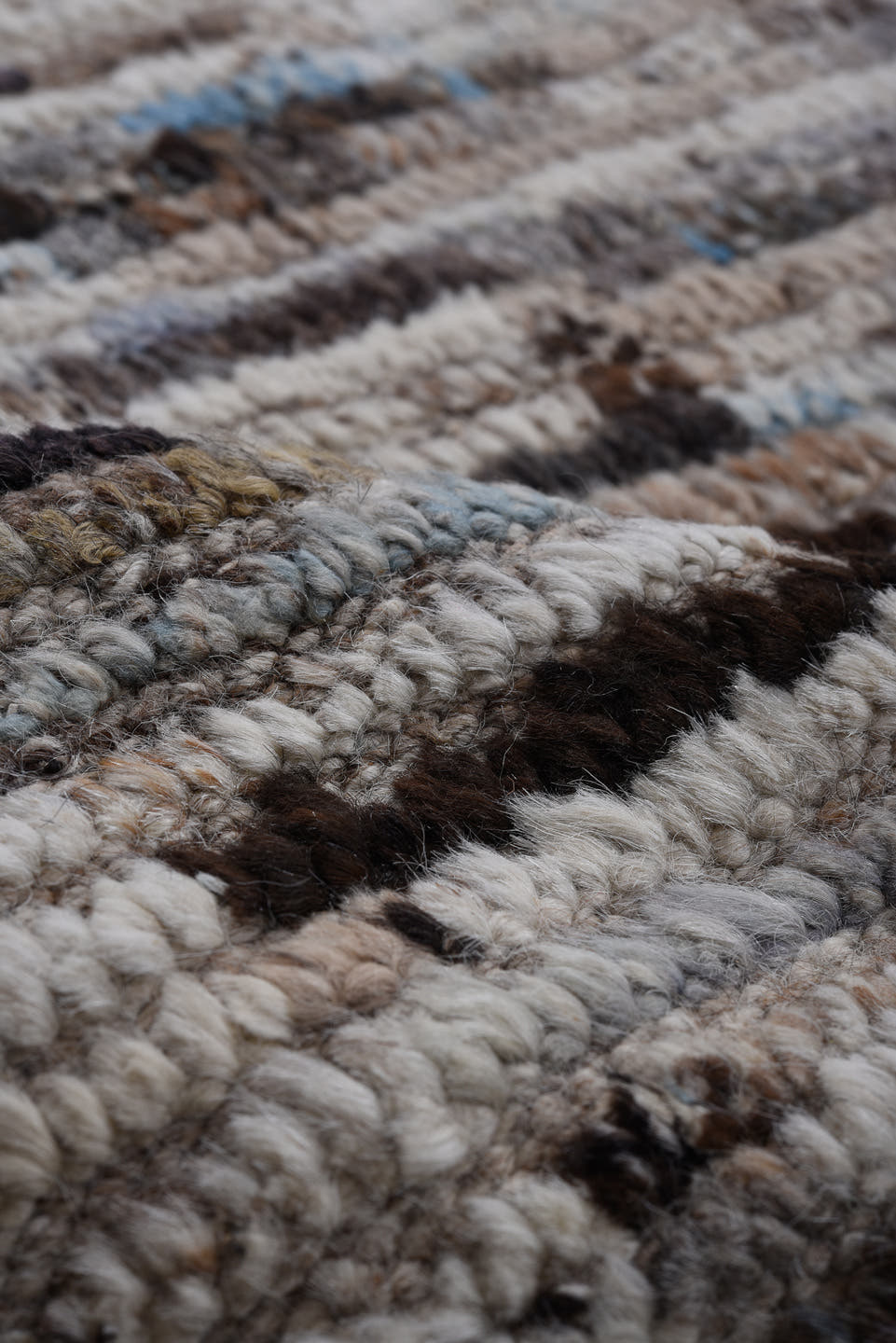 9' x 12' one-of-a-kind handmade vintage Tulu large size rug. Color palette: gray, ivory, taupe, charcoal, brown, sky blue
