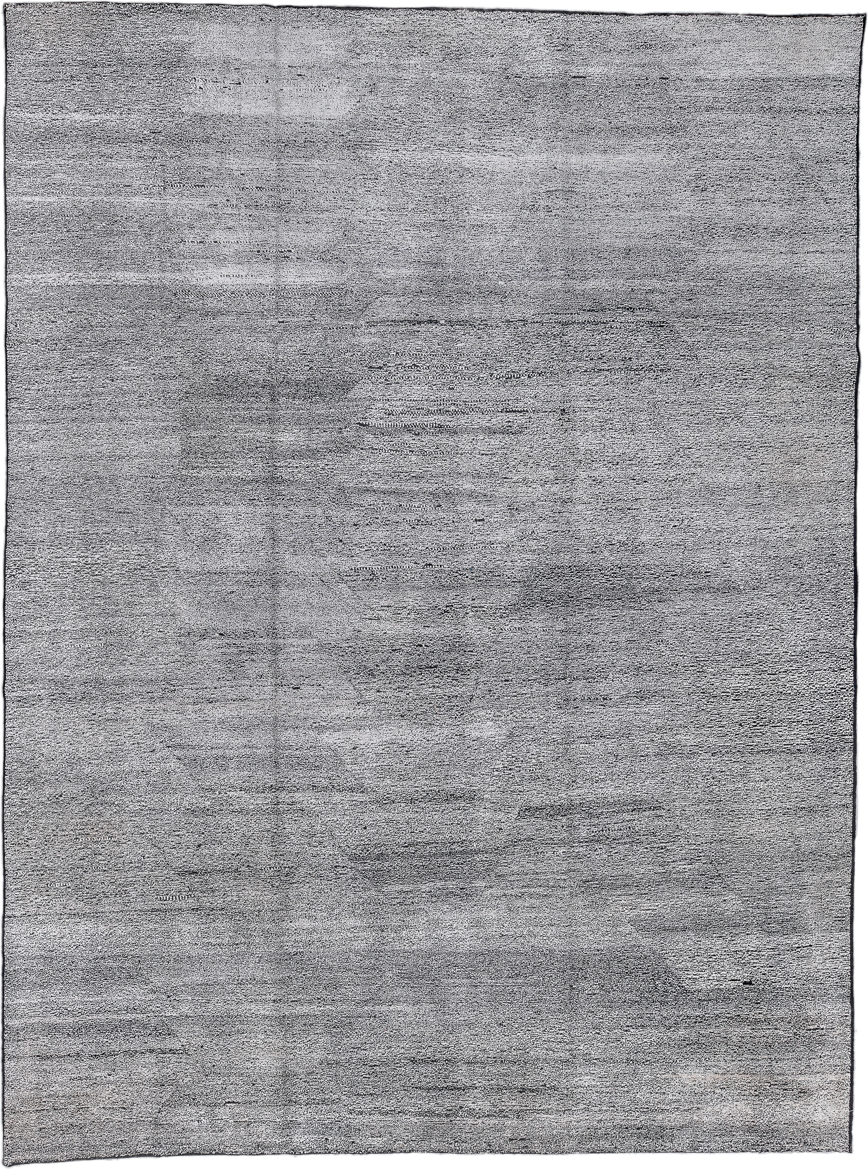 10' x 13' one-of-a-kind handmade vintage Tulu large size rug. Color palette: gray, ivory, charcoal, silver, black