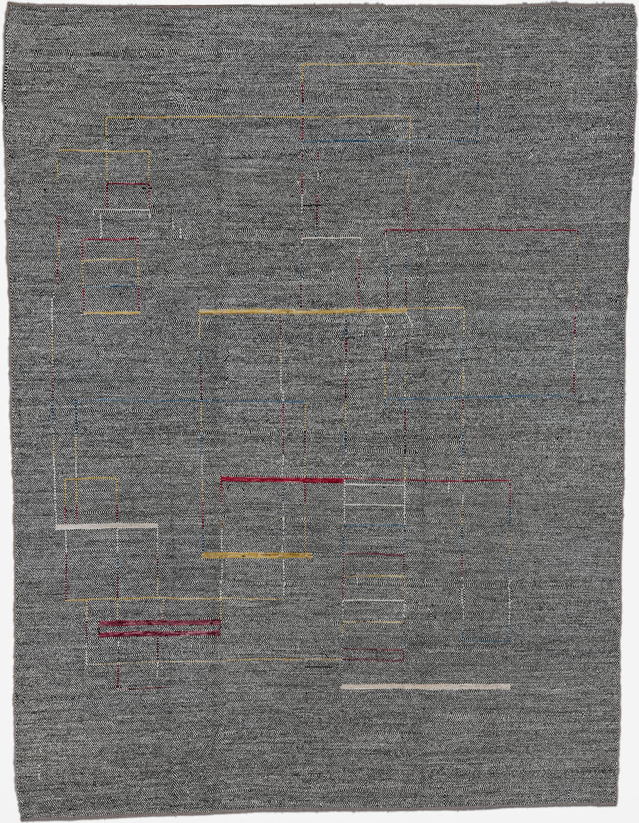 10' x 13' one-of-a-kind handmade vintage Tulu large size rug. Color palette: charcoal, ivory, gold, crimson, slate, taupe