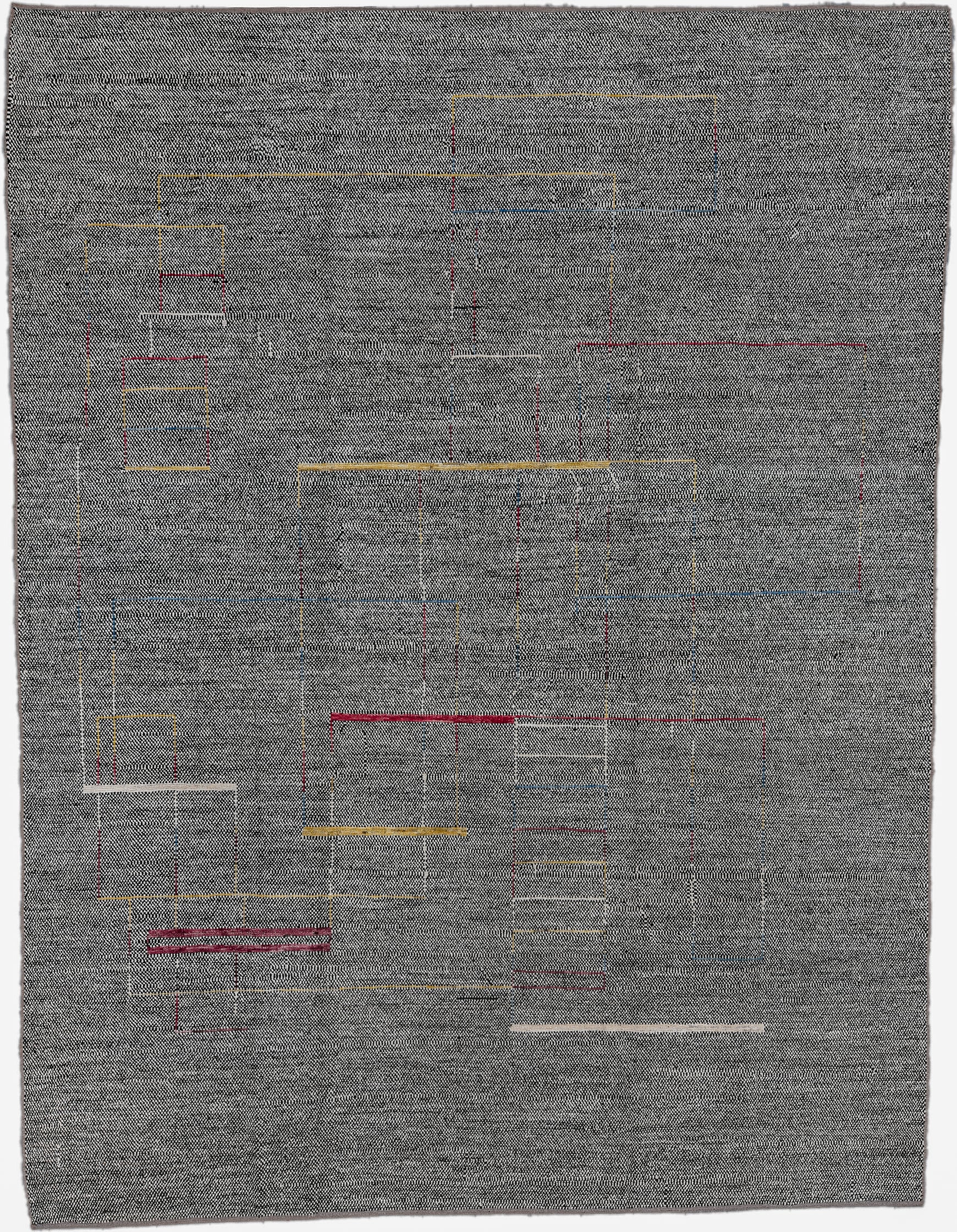 10' x 13' one-of-a-kind handmade vintage Tulu large size rug. Color palette: charcoal, ivory, gold, crimson, slate, taupe
