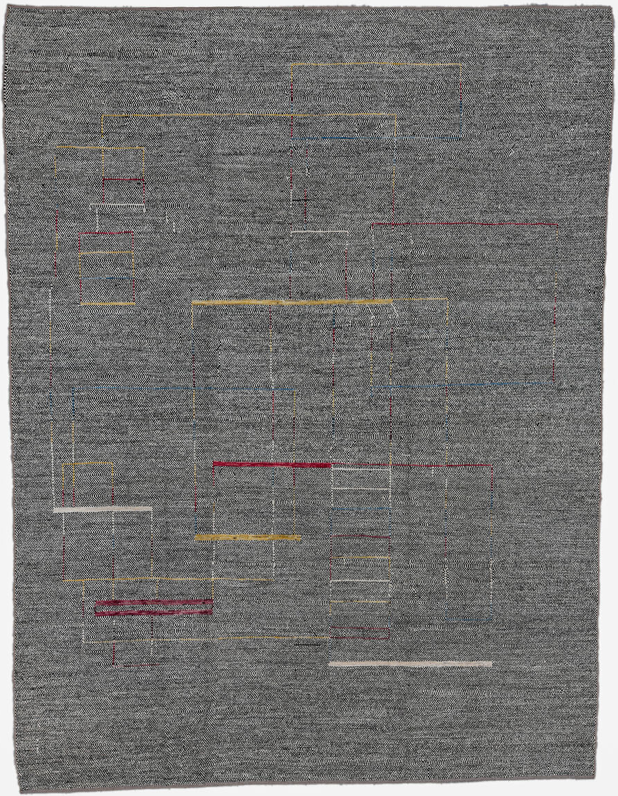 10' x 13' one-of-a-kind handmade vintage Tulu large size rug. Color palette: charcoal, ivory, gold, crimson, slate, taupe