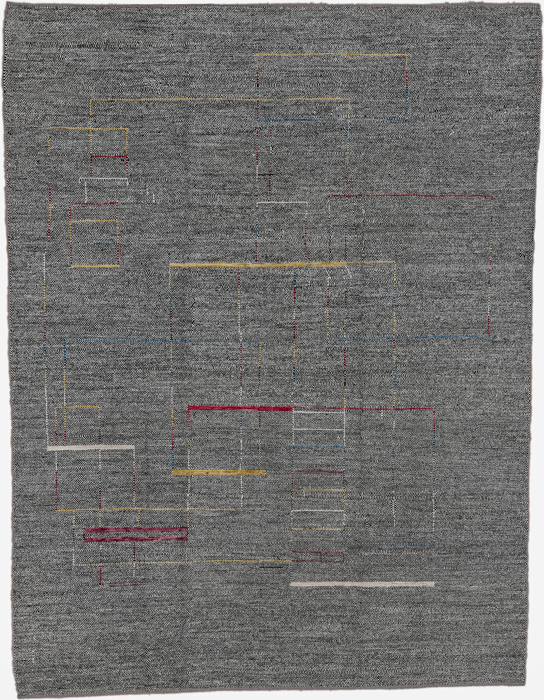 10' x 13' one-of-a-kind handmade vintage Tulu large size rug. Color palette: charcoal, ivory, gold, crimson, slate, taupe