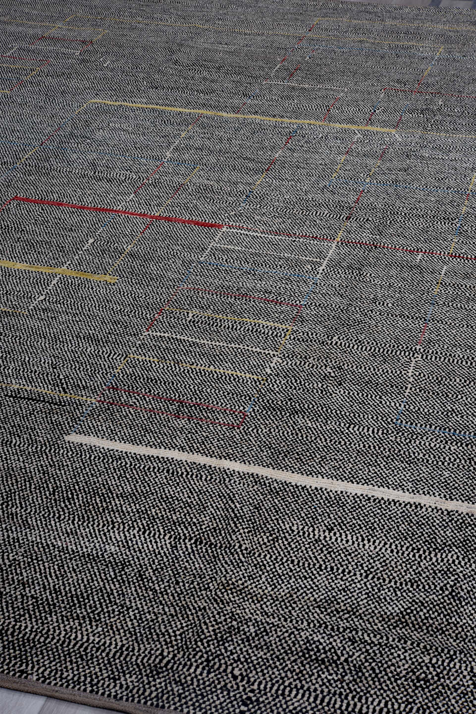 10' x 13' one-of-a-kind handmade vintage Tulu large size rug. Color palette: charcoal, ivory, gold, crimson, slate, taupe
