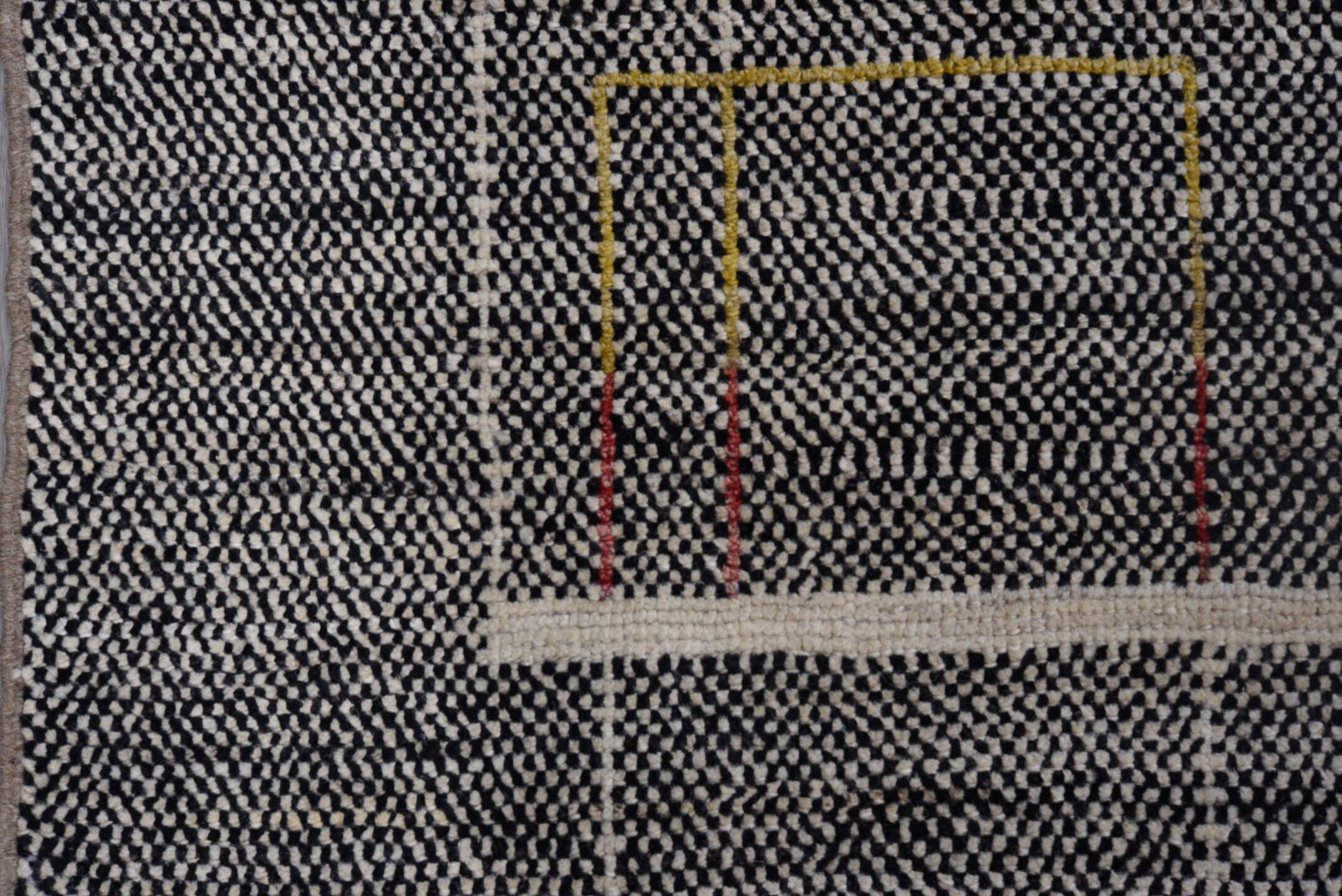 10' x 13' one-of-a-kind handmade vintage Tulu large size rug. Color palette: charcoal, ivory, gold, crimson, slate, taupe