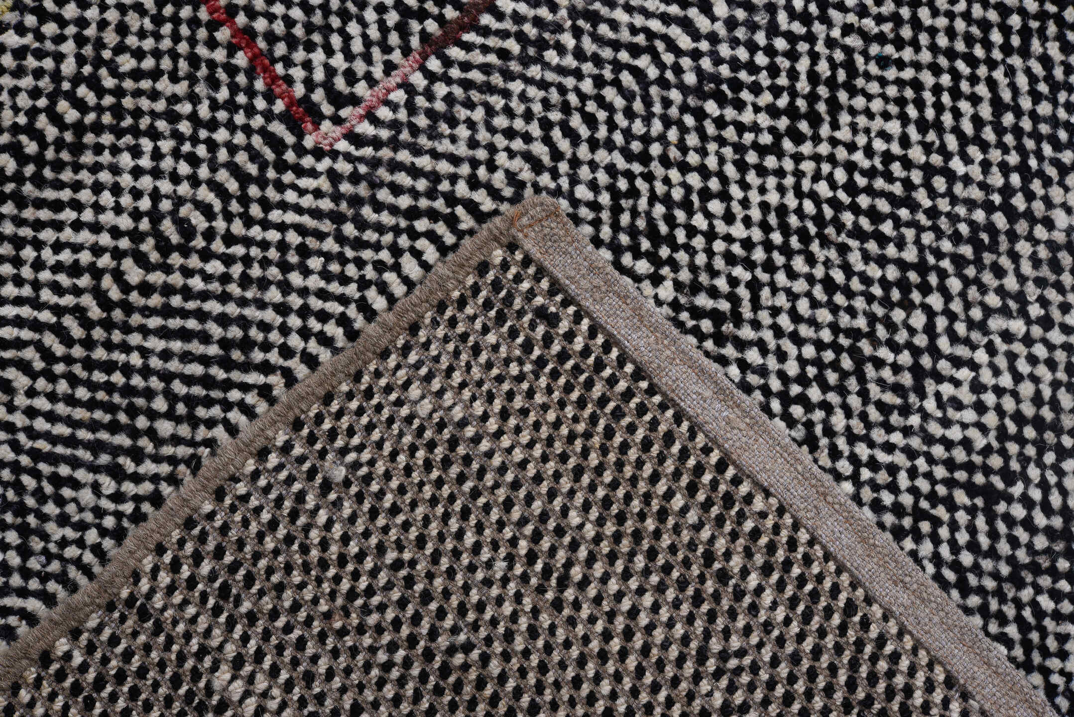 10' x 13' one-of-a-kind handmade vintage Tulu large size rug. Color palette: charcoal, ivory, gold, crimson, slate, taupe