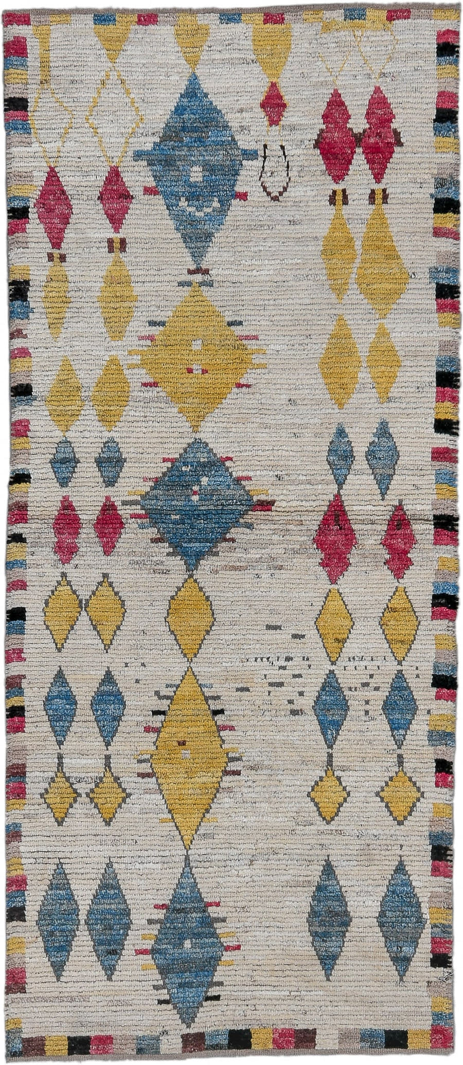 3' x 7' one-of-a-kind handmade vintage Tulu runner rug. Color palette: ivory, blue, gold, rose, black, taupe, pink, red