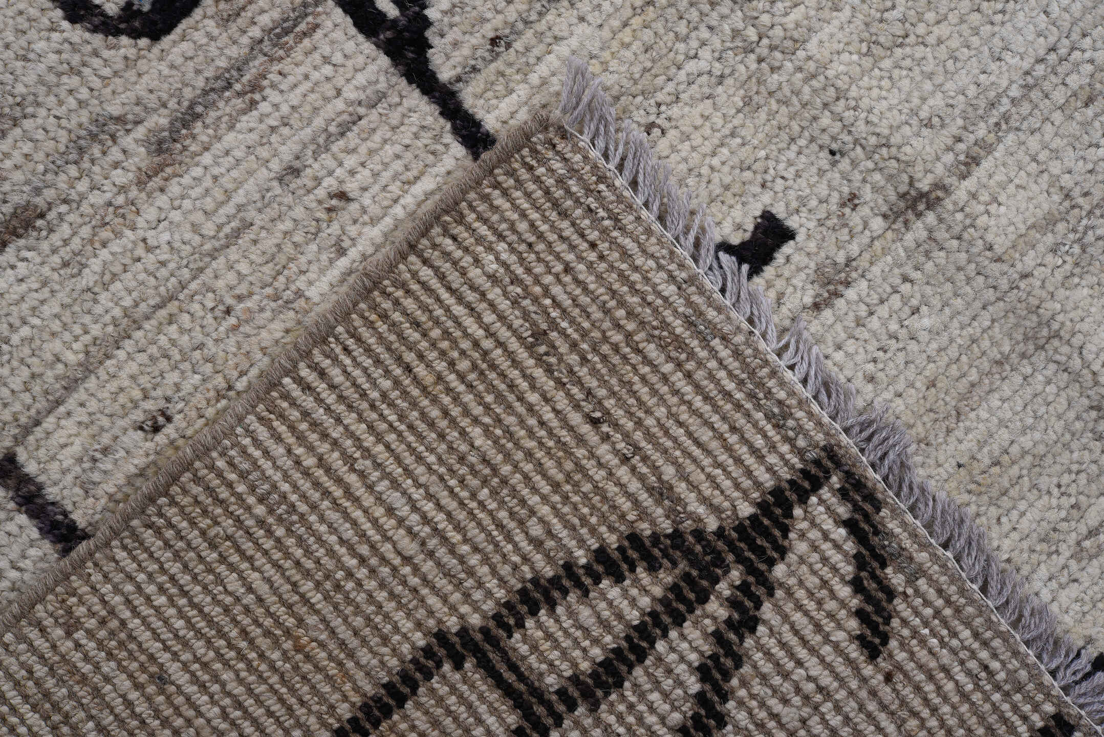 9' x 11' one-of-a-kind handmade vintage Tulu large size rug. Color palette: ivory, charcoal, taupe, gray, black, beige