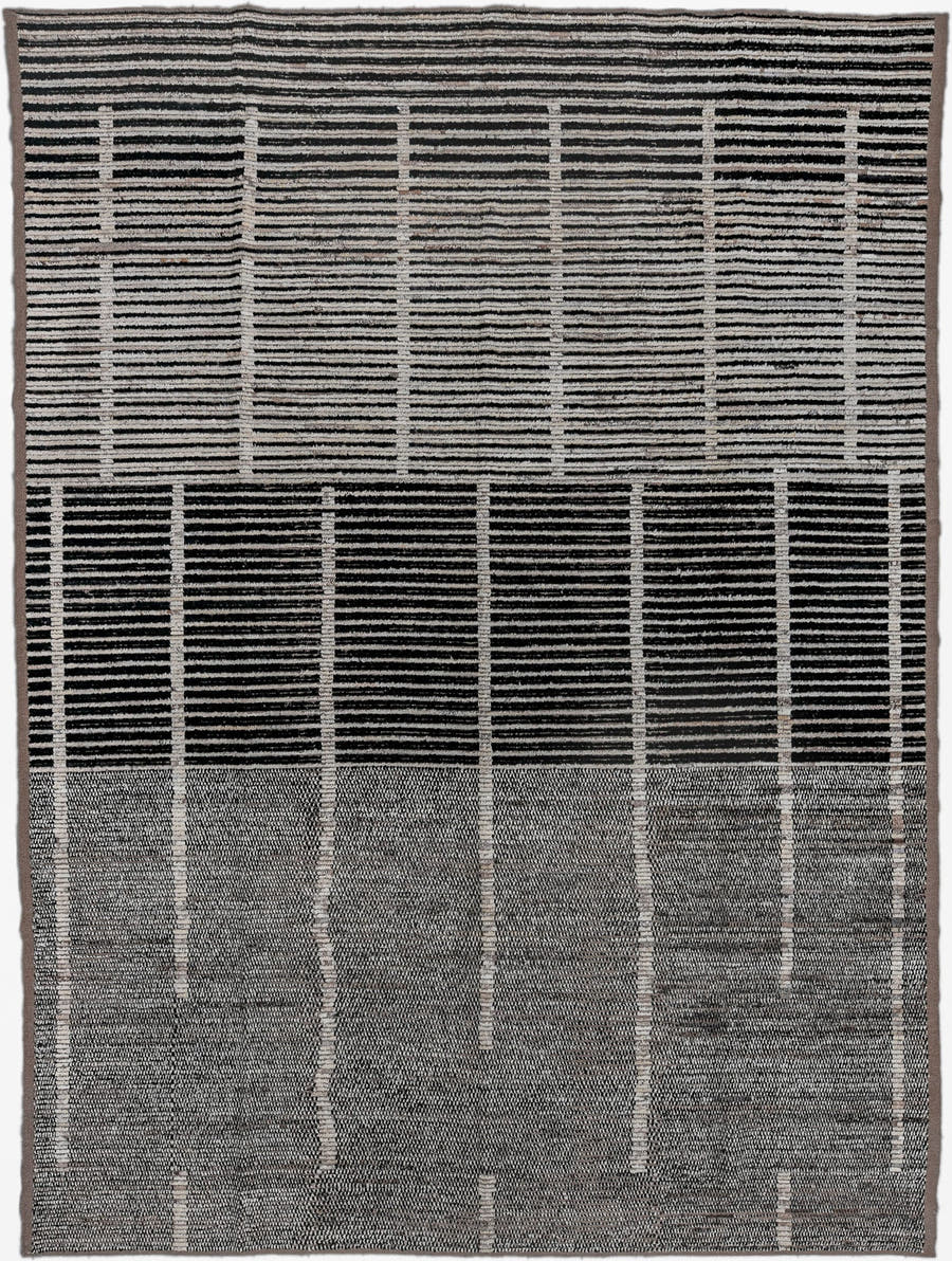 10' x 13' one-of-a-kind handmade vintage Tulu large size rug. Color palette: charcoal, ivory, gray, taupe, black, beige