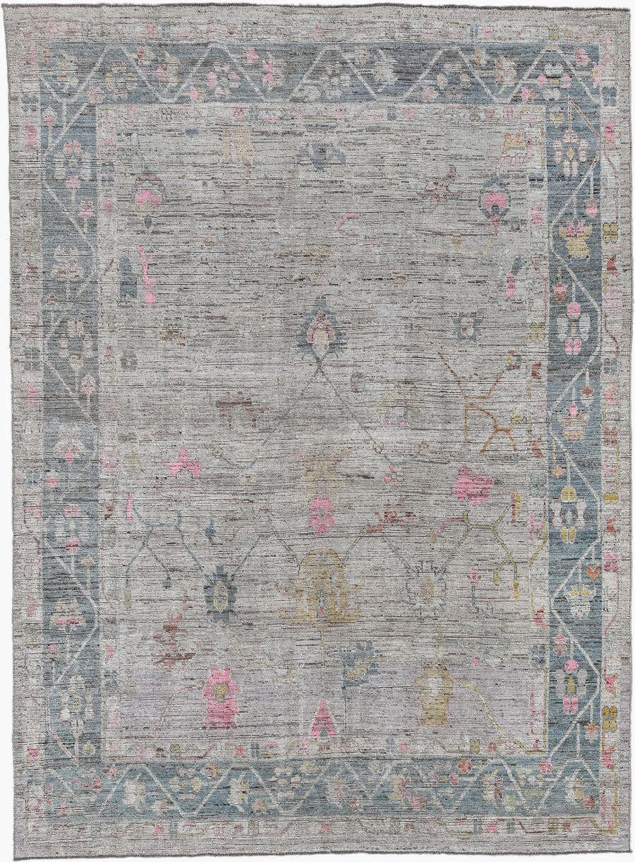 10' x 13' one-of-a-kind handmade vintage Oushak large size rug. Color palette: gray, slate, ivory, blush, gold, taupe, rose