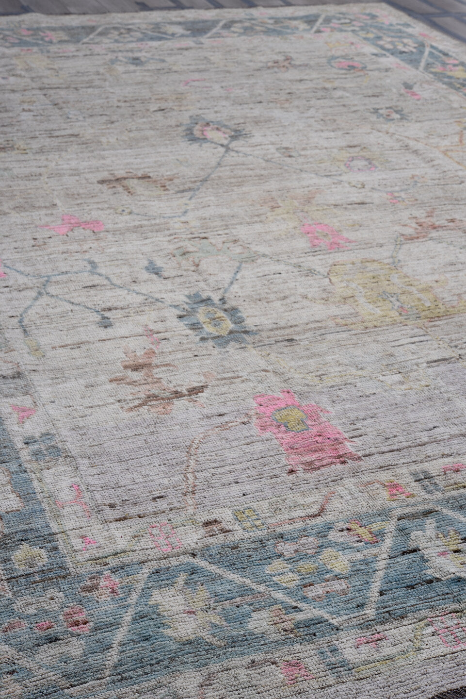 10' x 13' one-of-a-kind handmade vintage Oushak large size rug. Color palette: gray, slate, ivory, blush, gold, taupe, rose