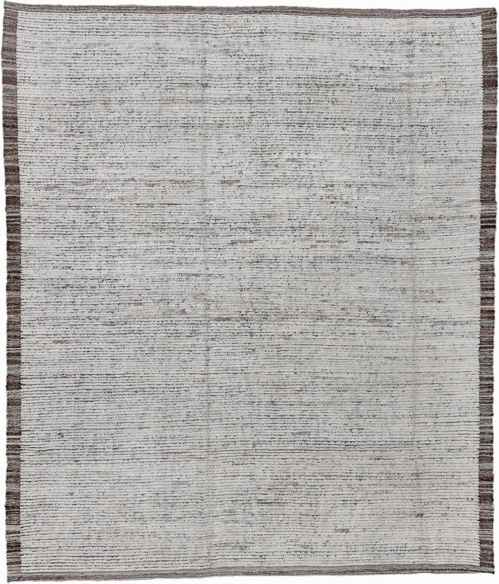 8' x 9' one-of-a-kind handmade vintage Tulu large size rug. Color palette: ivory, taupe, brown, charcoal, beige, gray, black