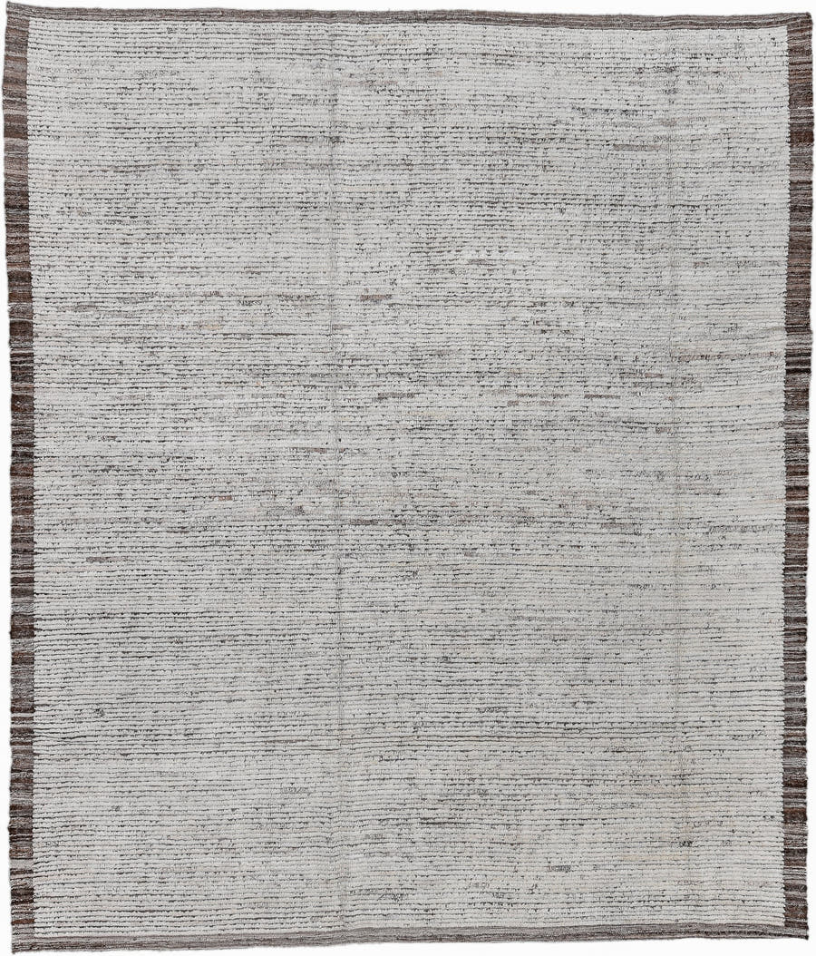 8' x 9' one-of-a-kind handmade vintage Tulu large size rug. Color palette: ivory, taupe, brown, charcoal, beige, gray, black