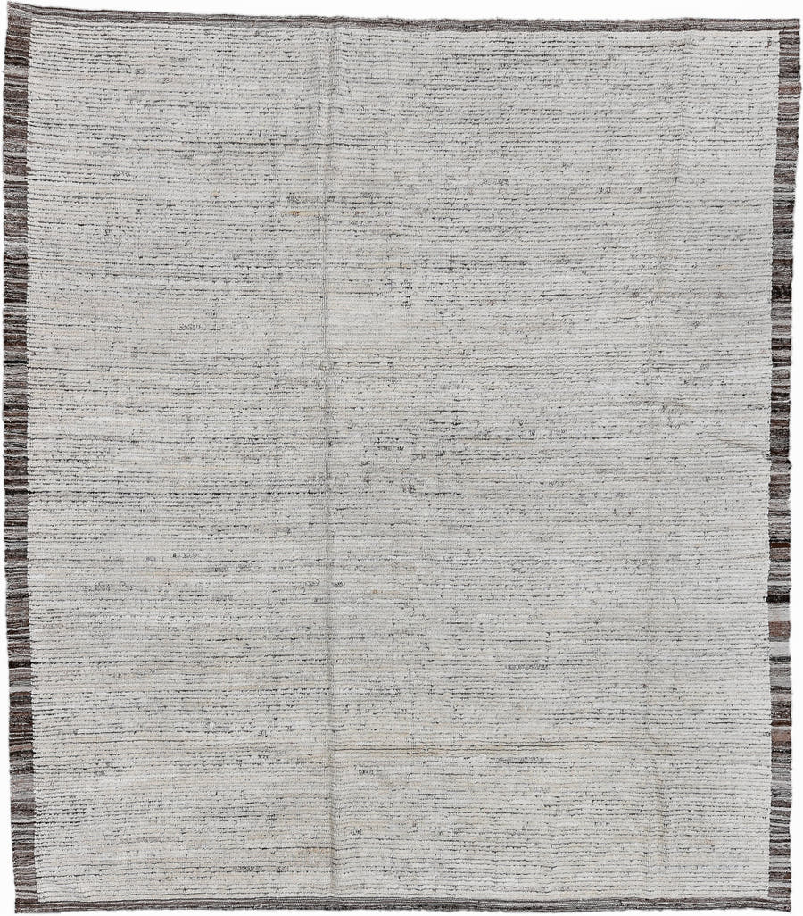 8' x 9' one-of-a-kind handmade vintage Tulu large size rug. Color palette: ivory, charcoal, taupe, brown, cream, gray, black