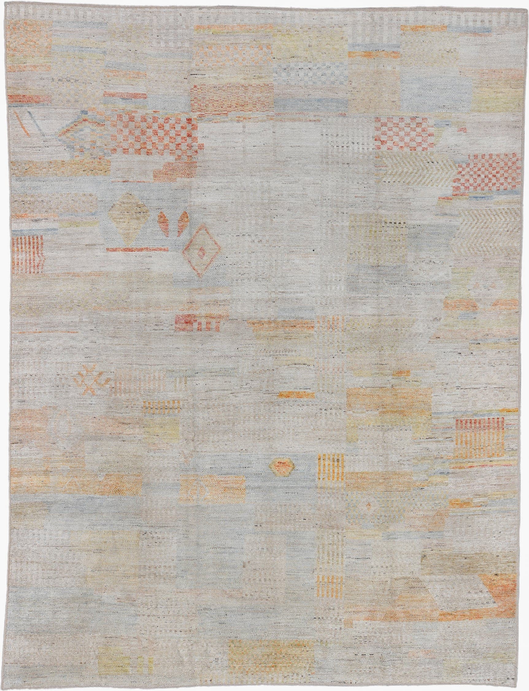 10' x 13' one-of-a-kind handmade vintage Tulu large size rug. Color palette: ivory, pale gray, cream, soft coral, saffron