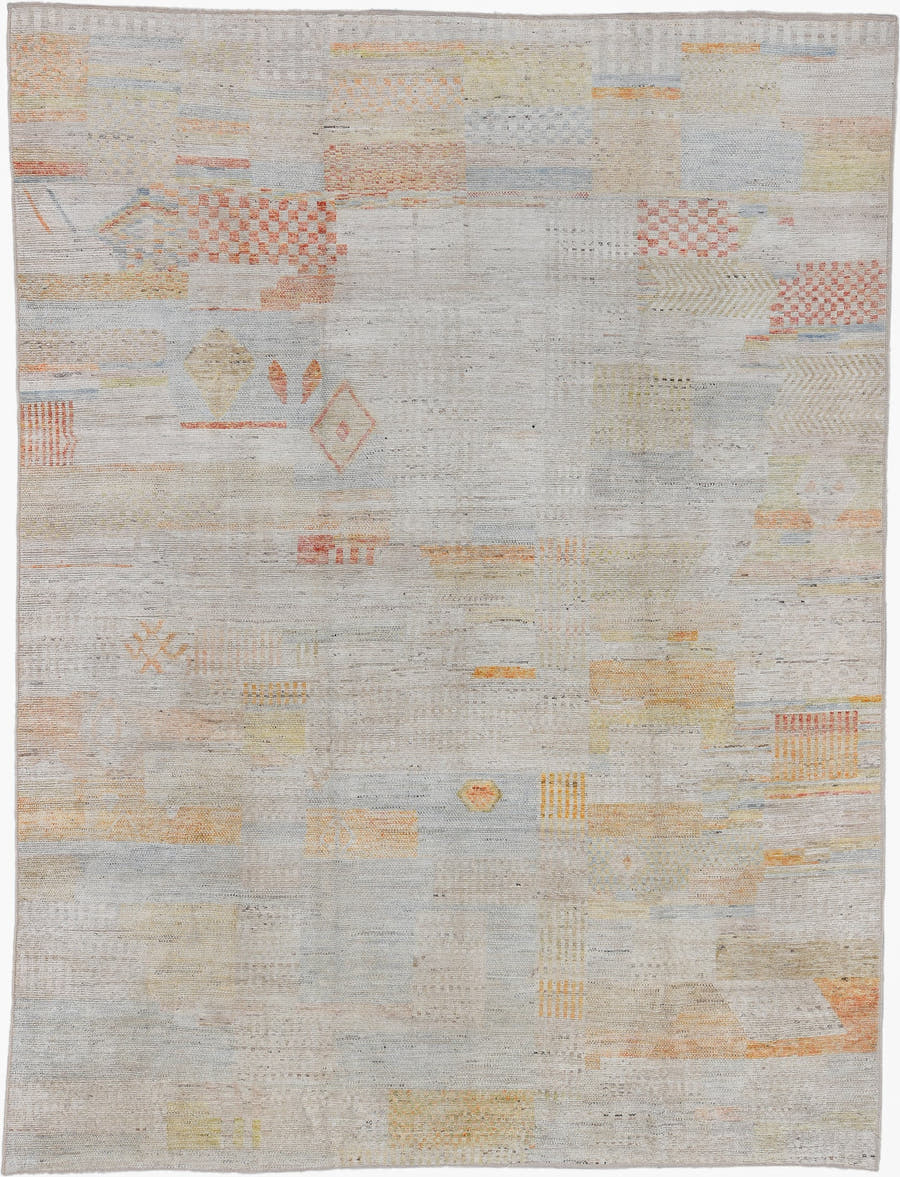 10' x 13' one-of-a-kind handmade vintage Tulu large size rug. Color palette: ivory, pale gray, cream, soft coral, saffron