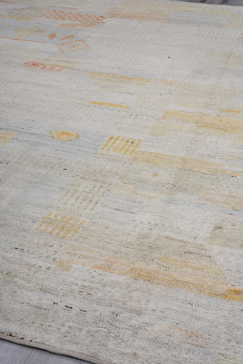 10' x 13' one-of-a-kind handmade vintage Tulu large size rug. Color palette: ivory, pale gray, cream, soft coral, saffron