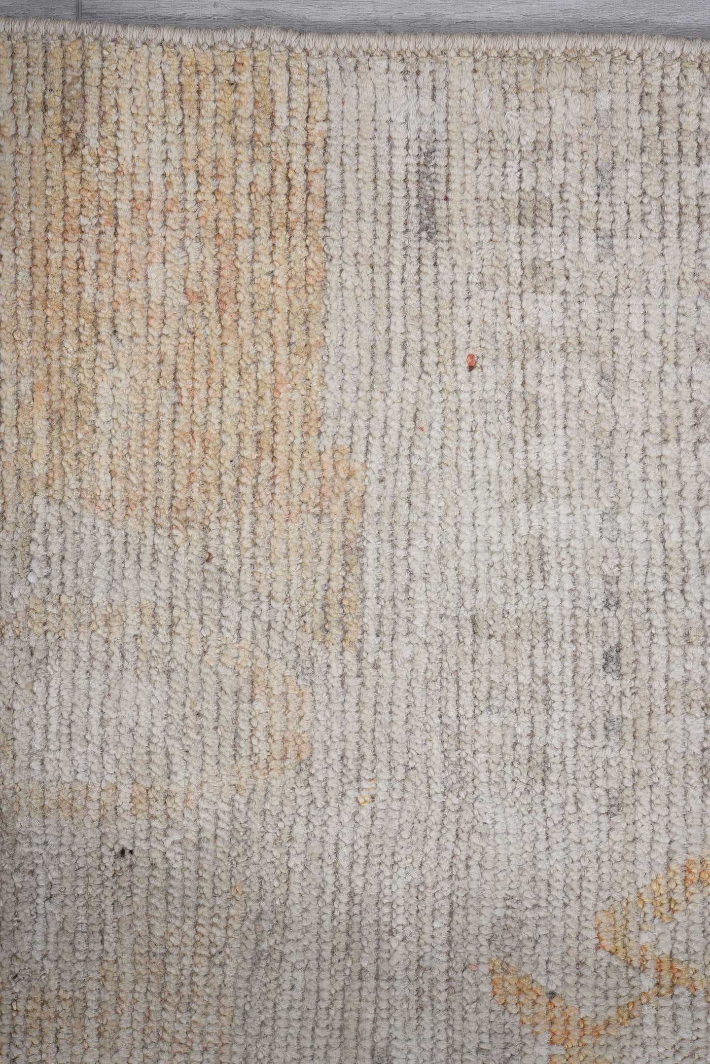 10' x 13' one-of-a-kind handmade vintage Tulu large size rug. Color palette: ivory, pale gray, cream, soft coral, saffron