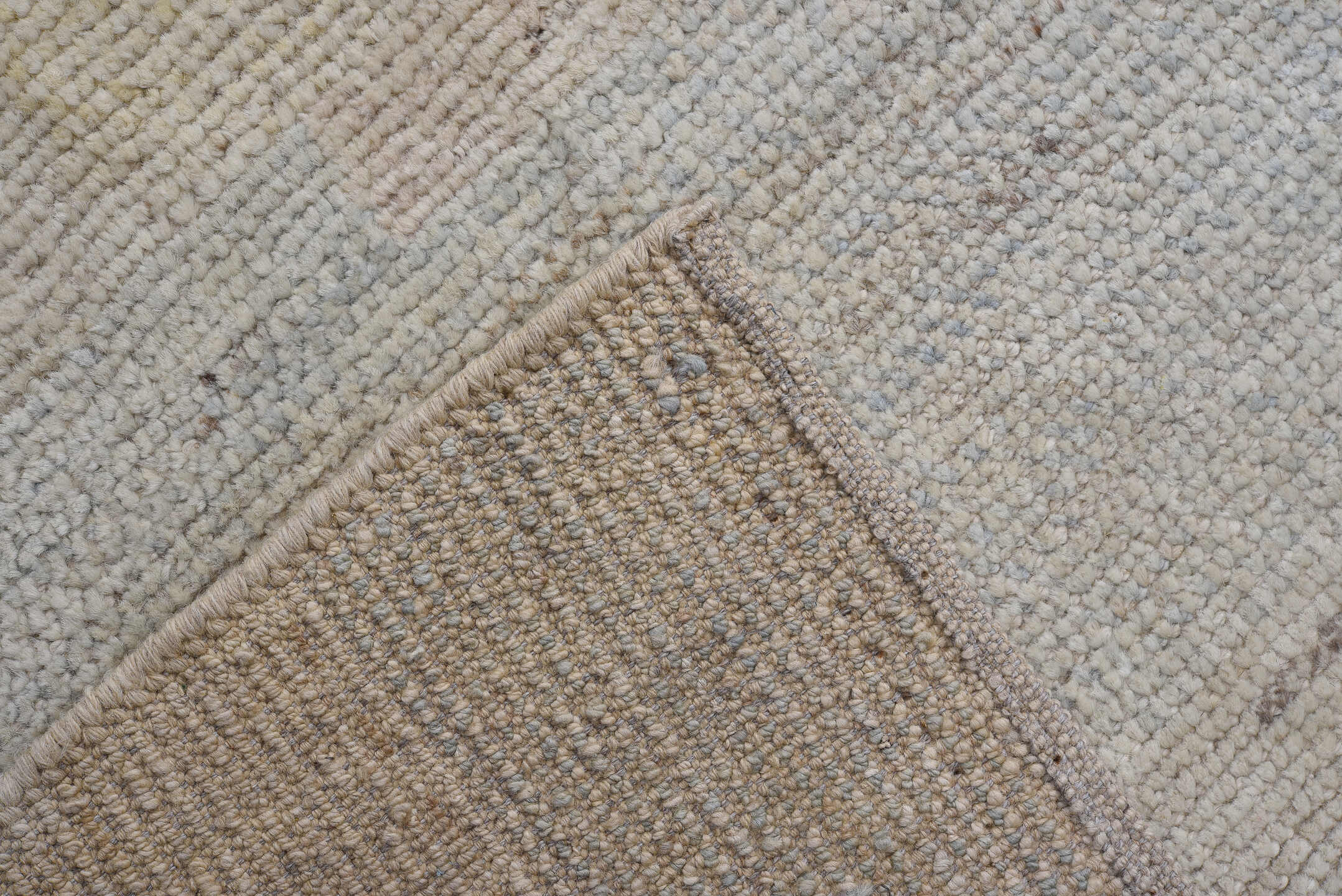 10' x 13' one-of-a-kind handmade vintage Tulu large size rug. Color palette: ivory, pale gray, cream, soft coral, saffron
