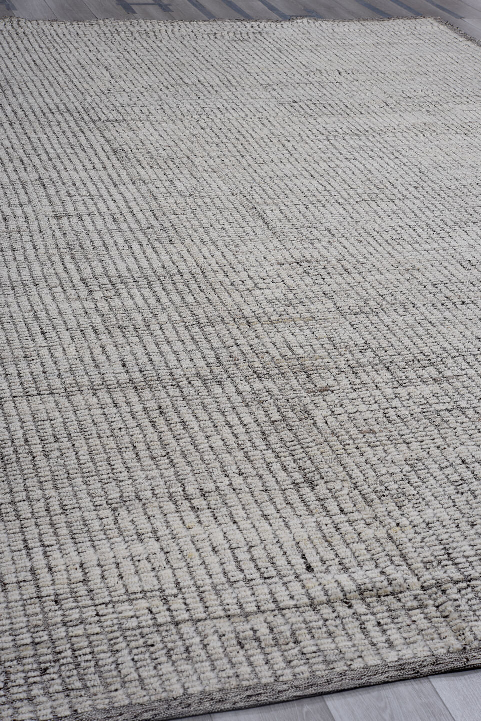 10' x 13' one-of-a-kind handmade vintage Tulu large size rug. Color palette: ivory, gray, charcoal, black