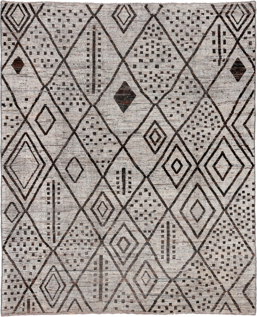 9' x 11' one-of-a-kind handmade vintage Tulu large size rug. Color palette: ivory, brown, taupe, charcoal, beige, gray