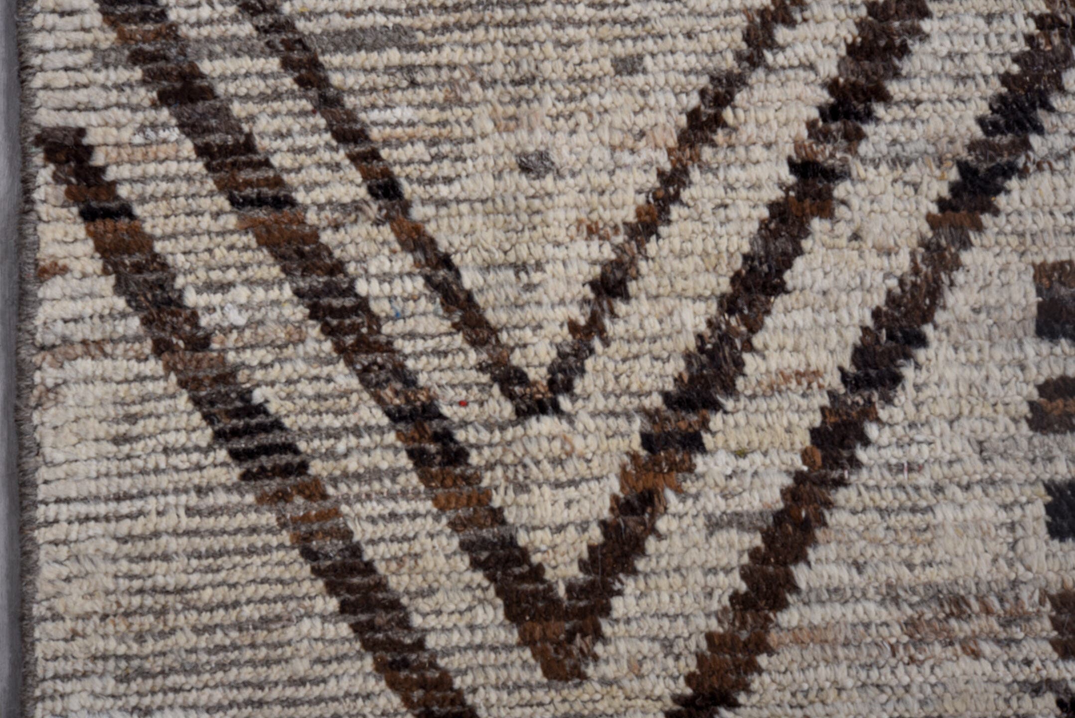 9' x 11' one-of-a-kind handmade vintage Tulu large size rug. Color palette: ivory, brown, taupe, charcoal, beige, gray