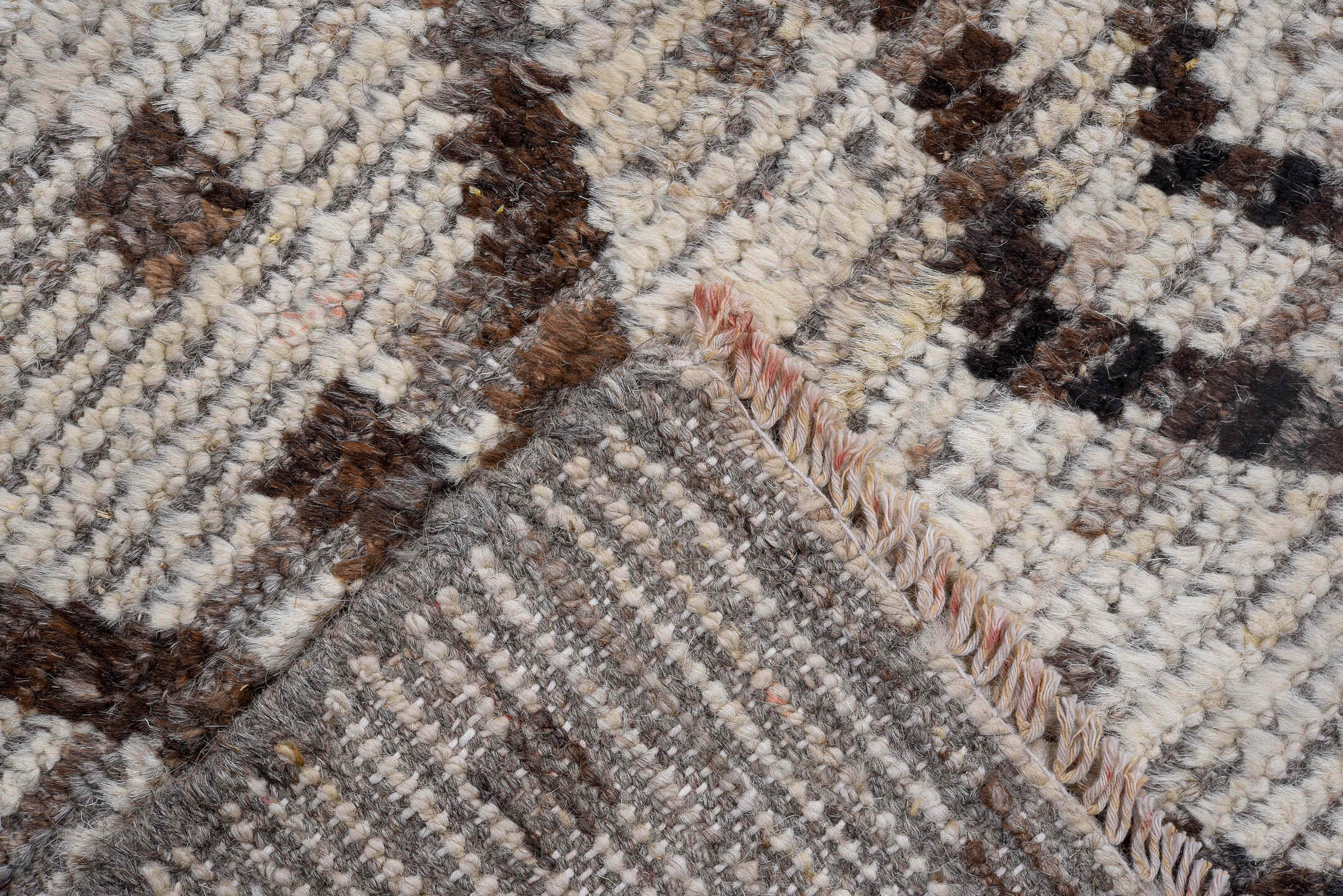 9' x 11' one-of-a-kind handmade vintage Tulu large size rug. Color palette: ivory, brown, taupe, charcoal, beige, gray