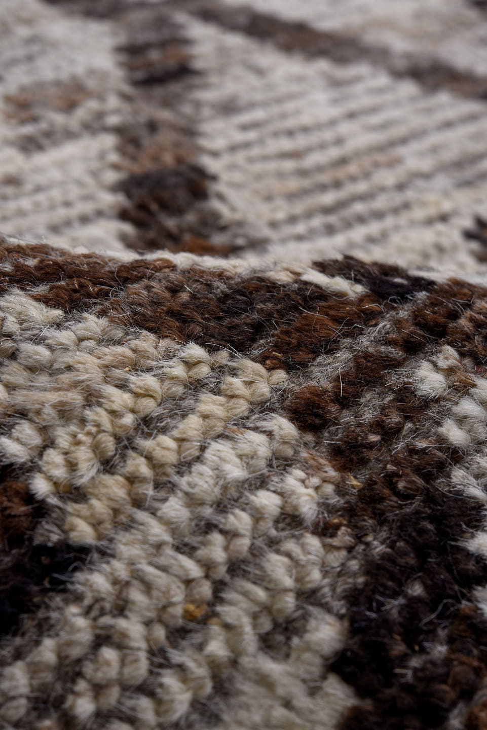 9' x 11' one-of-a-kind handmade vintage Tulu large size rug. Color palette: ivory, brown, taupe, charcoal, beige, gray