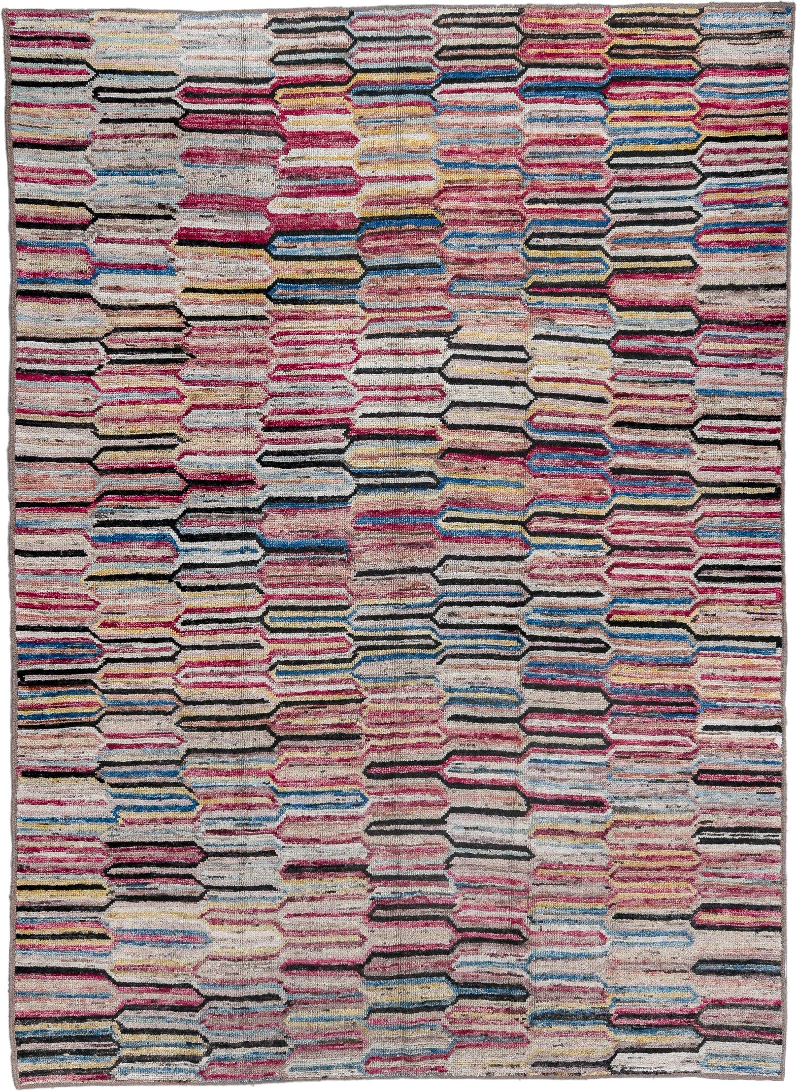 7' x 9' one-of-a-kind handmade vintage Tulu large size rug. Color palette: ivory, rose, charcoal, sky blue, gold, coral