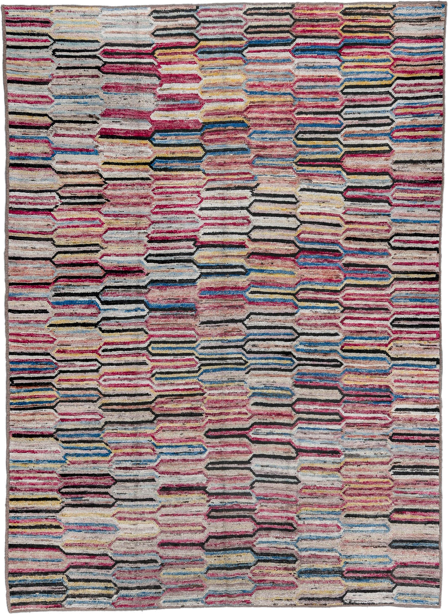 7' x 9' one-of-a-kind handmade vintage Tulu large size rug. Color palette: ivory, rose, charcoal, sky blue, gold, coral