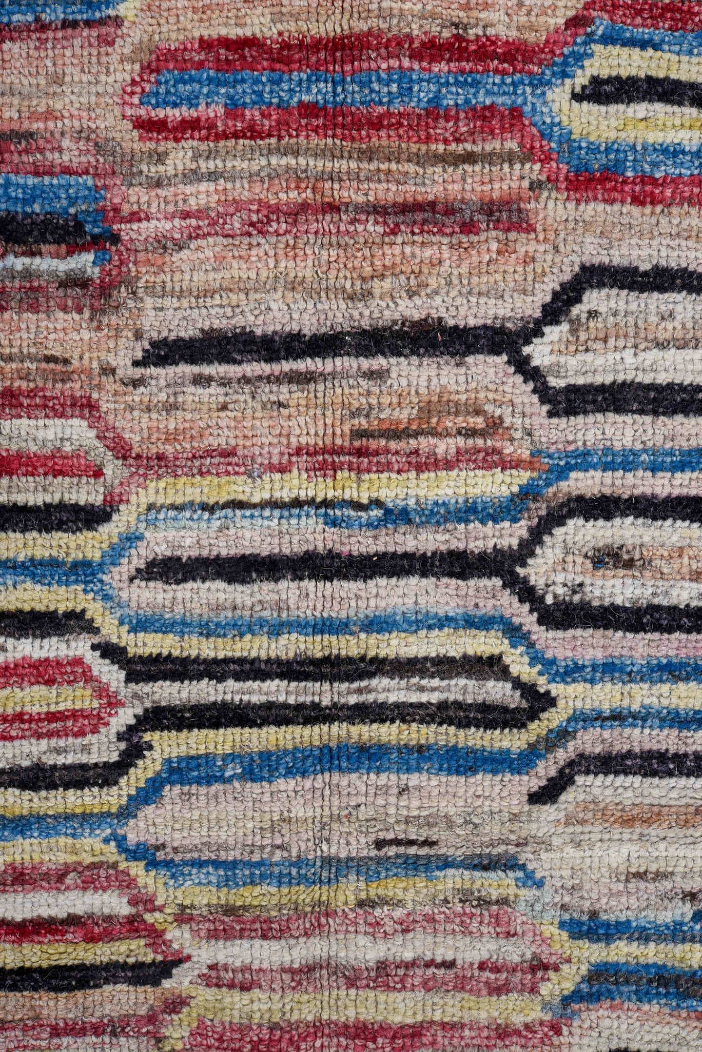 7' x 9' one-of-a-kind handmade vintage Tulu large size rug. Color palette: ivory, rose, charcoal, sky blue, gold, coral