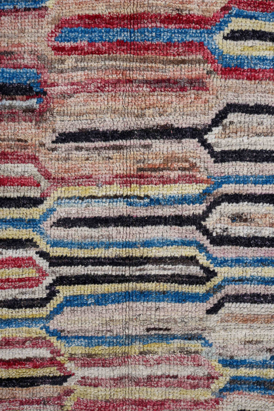7' x 9' one-of-a-kind handmade vintage Tulu large size rug. Color palette: ivory, rose, charcoal, sky blue, gold, coral