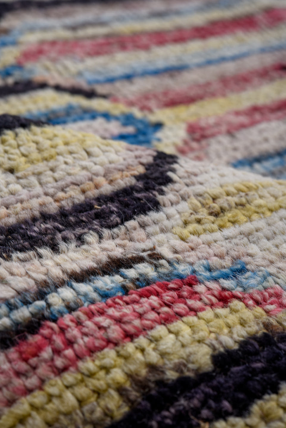 7' x 9' one-of-a-kind handmade vintage Tulu large size rug. Color palette: ivory, rose, charcoal, sky blue, gold, coral